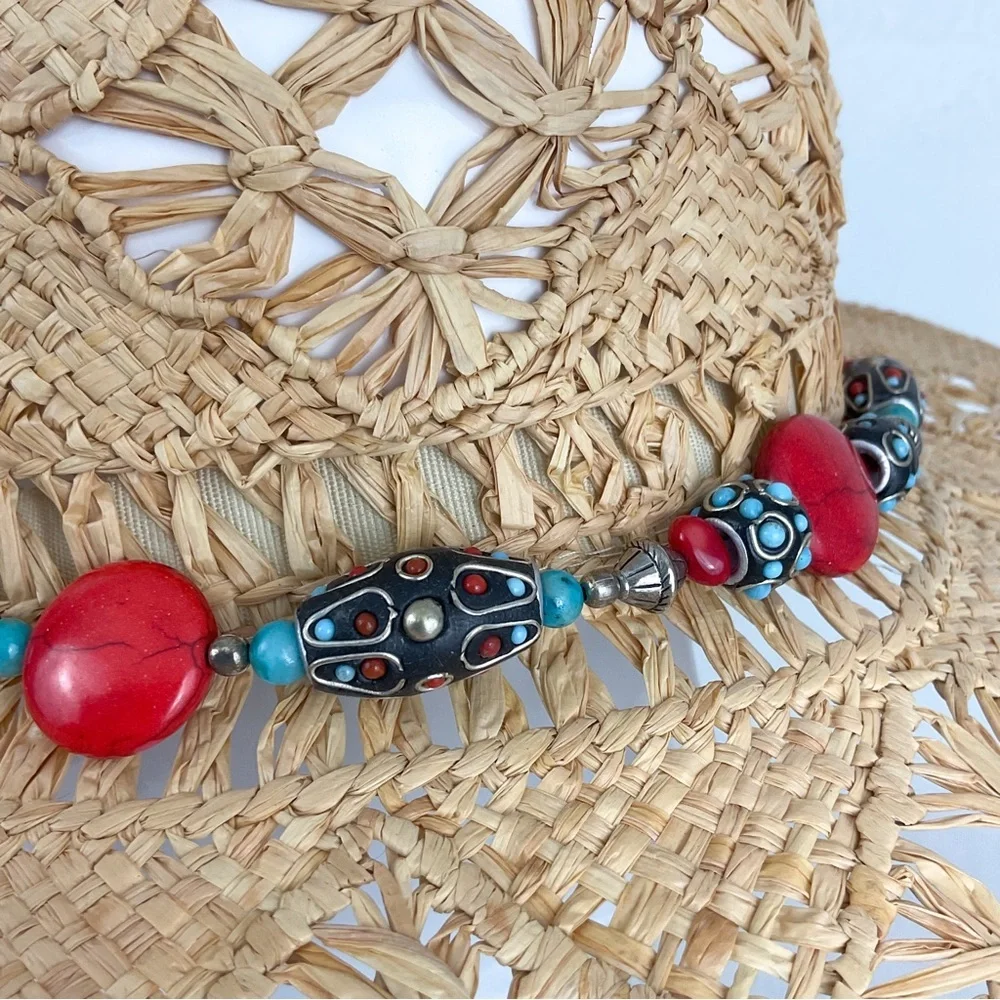Vintage straw open weave sun hat with custom beaded band M/L beach resort wear - Picture 8 of 12